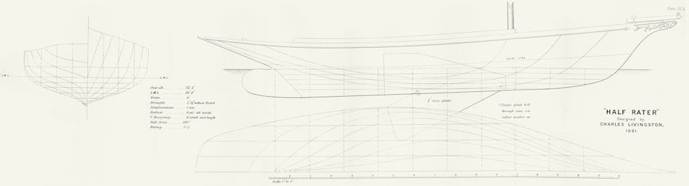 SAIL BOAT PLAN. 0'5 'Half rater', Livingston-LARGE 1891 old antique print