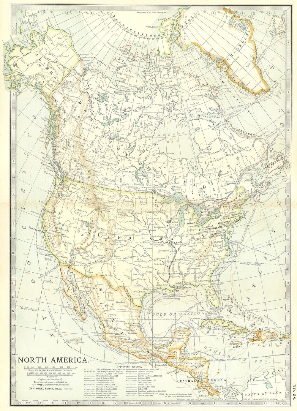 USA CANADA MEXICO. Explorers routes.Cabot Cortes Baffin Hudson Drake+ 1903 map