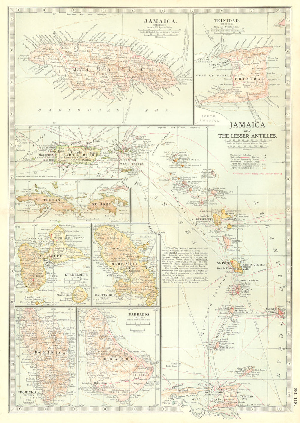 WEST INDIES. Jamaica Barbados BVIs Martinique Trinidad Guadeloupe 1903 old map