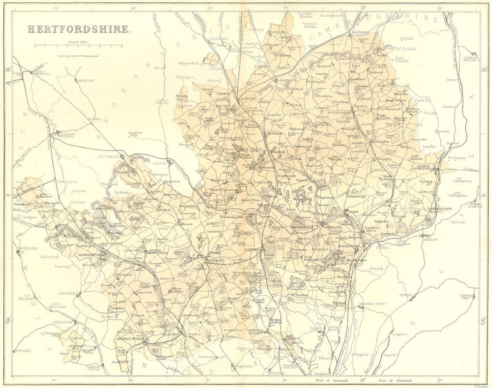 HERTS. Hertfordshire. Virtue 1860 old antique vintage map plan chart