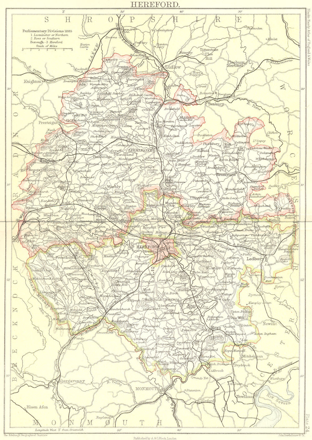 HEREFORD. Black 1892 old antique vintage map plan chart