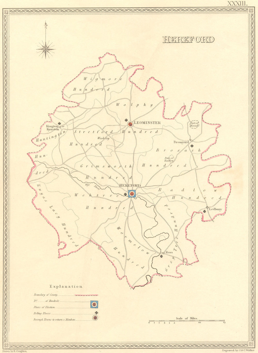 HEREFORD. Creighton Walker 1835 old antique vintage map plan chart