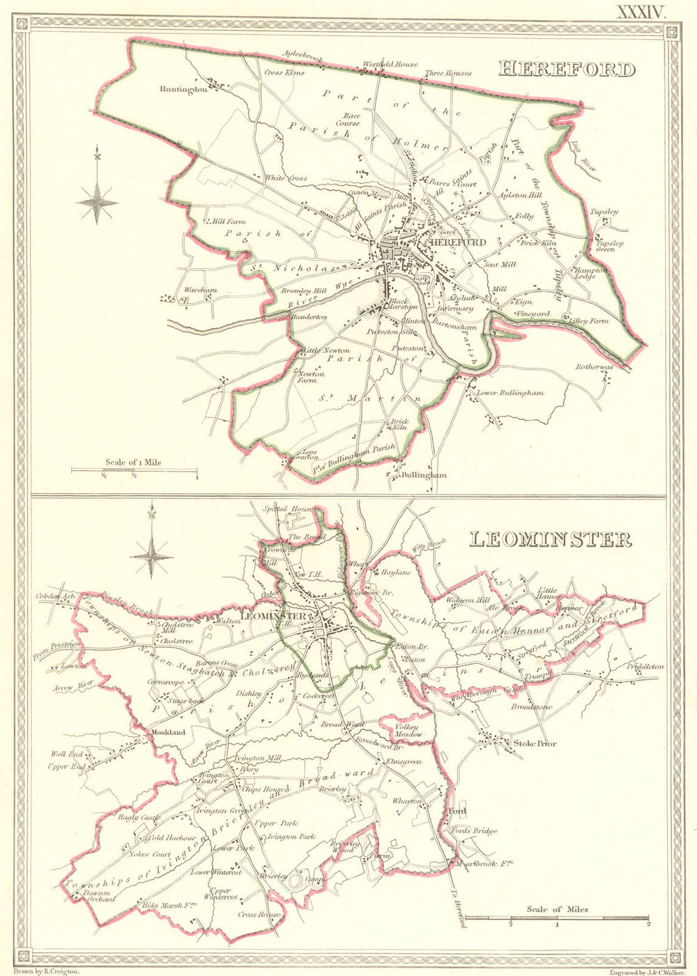 HEREFORD. Leominster. Creighton Walker. Town Plan 1835 old antique map chart