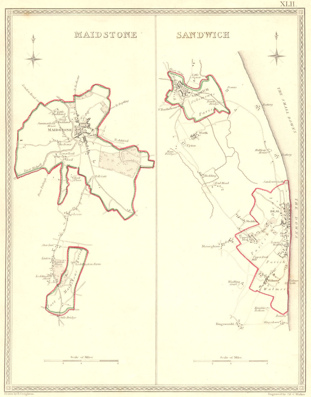 MAIDSTONE SANDWICH. Town Plan. Creighton Walker 1835 old antique map chart