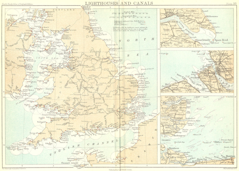 UK. Lighthouses canals. ins Humber Mersey Thames 1892 old antique map chart