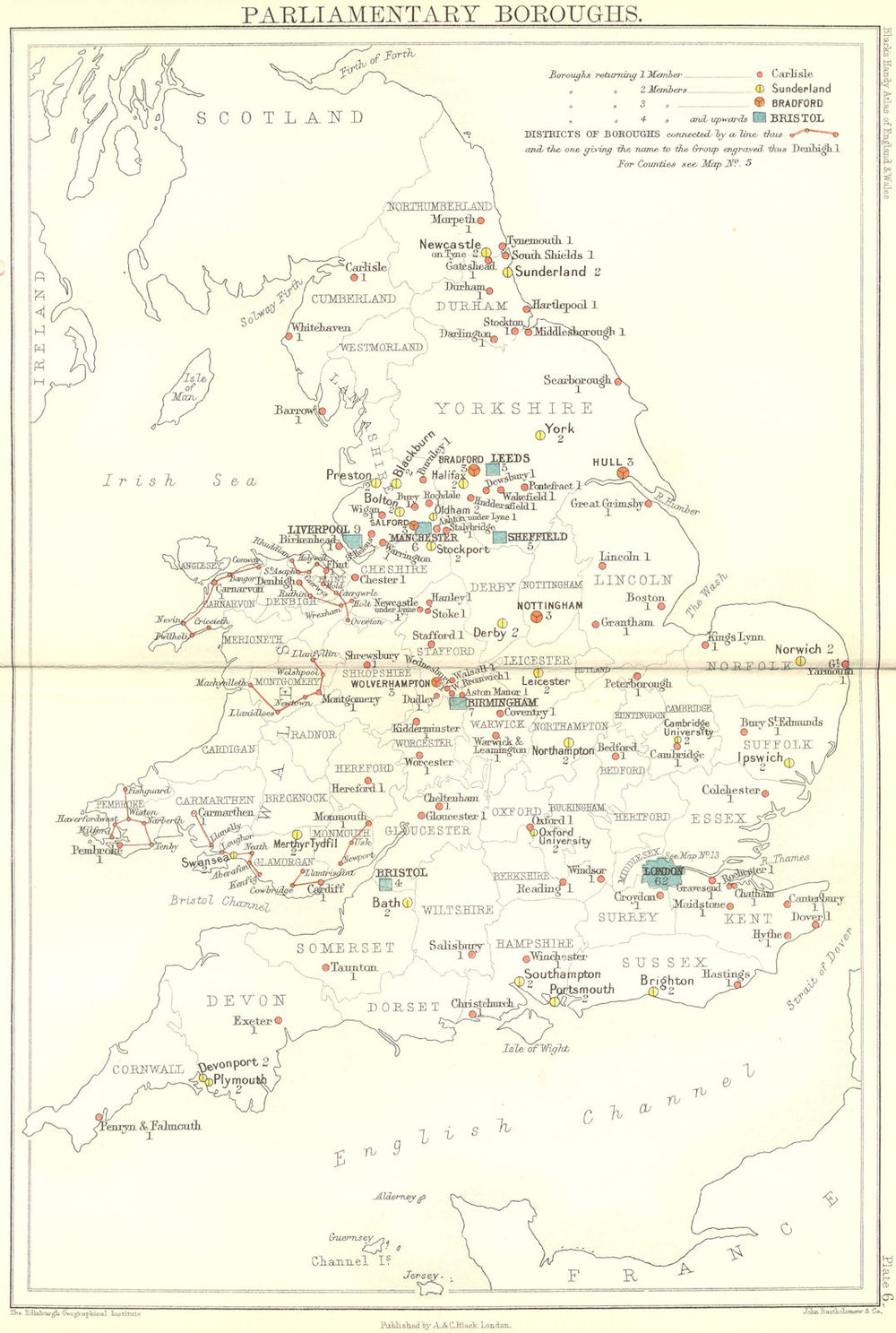 UK. Parliamentary Boroughs. England Wales Black 1892 old antique map chart