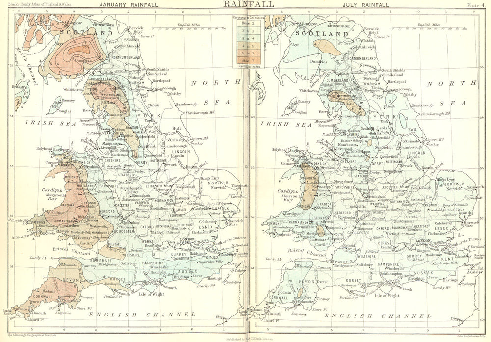 UK. Rainfall. England Wales Scotland 1892 old antique vintage map plan chart