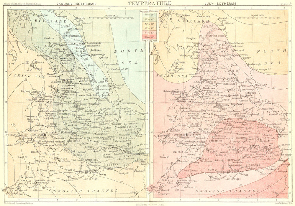 UK. Temperature. England Wales Scotland 1892 old antique map plan chart