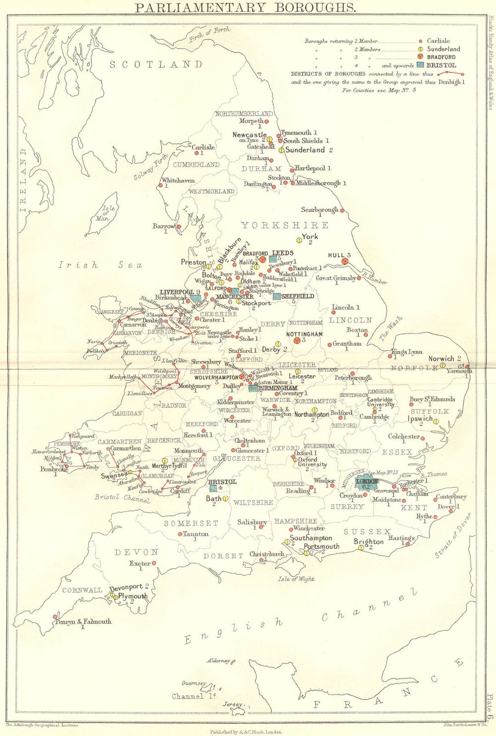 UK. Parliamentary Boroughs. England Wales. Black 1892 old antique map chart