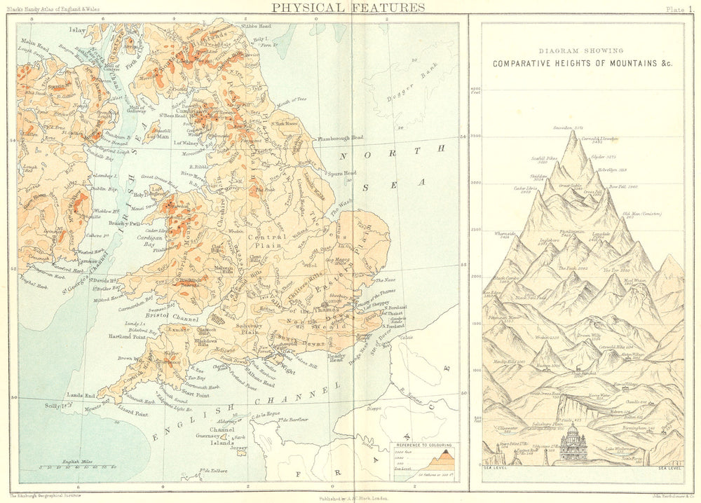 ENGLAND WALES. PHYSICAL features; Mountains 1892 old antique map plan chart
