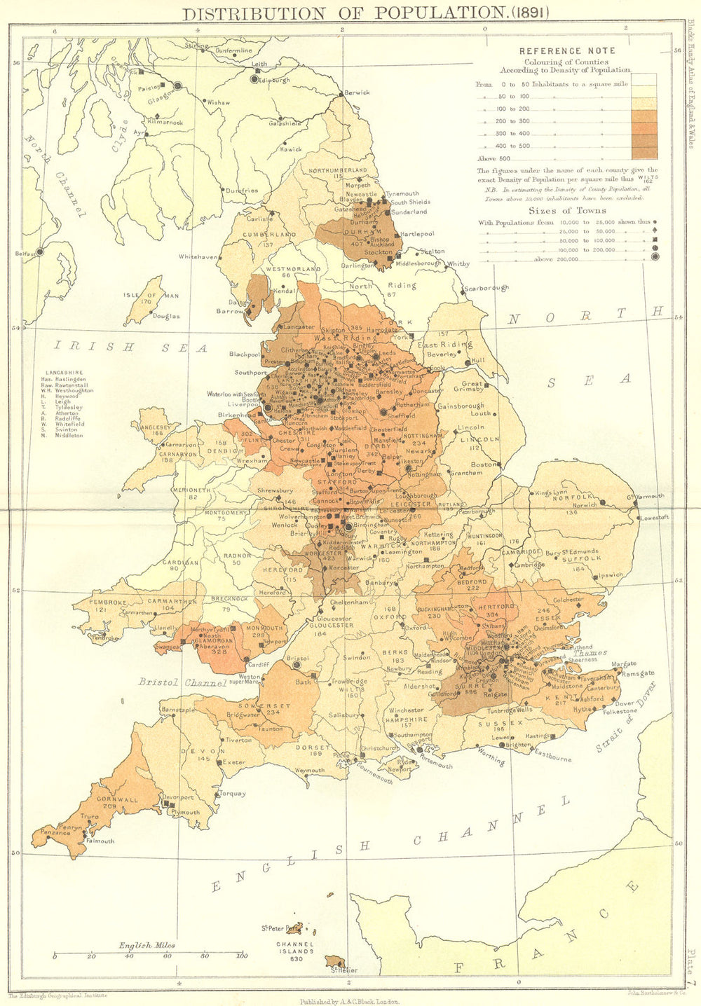 ENGLAND WALES. 1891 population Distribution 1892 old antique map plan chart