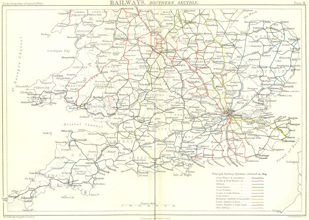 UK. Railways, South. England Wales. Black 1892 old antique map plan chart