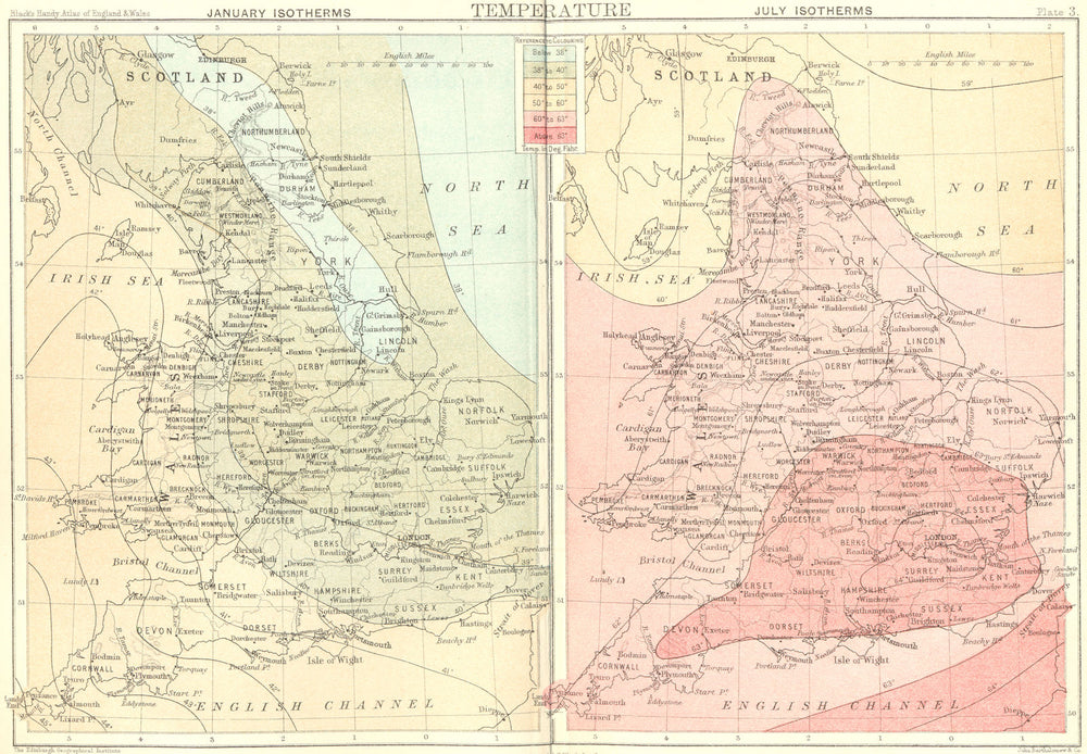 UK. Temperature. England Wales. Black 1892 old antique vintage map plan chart