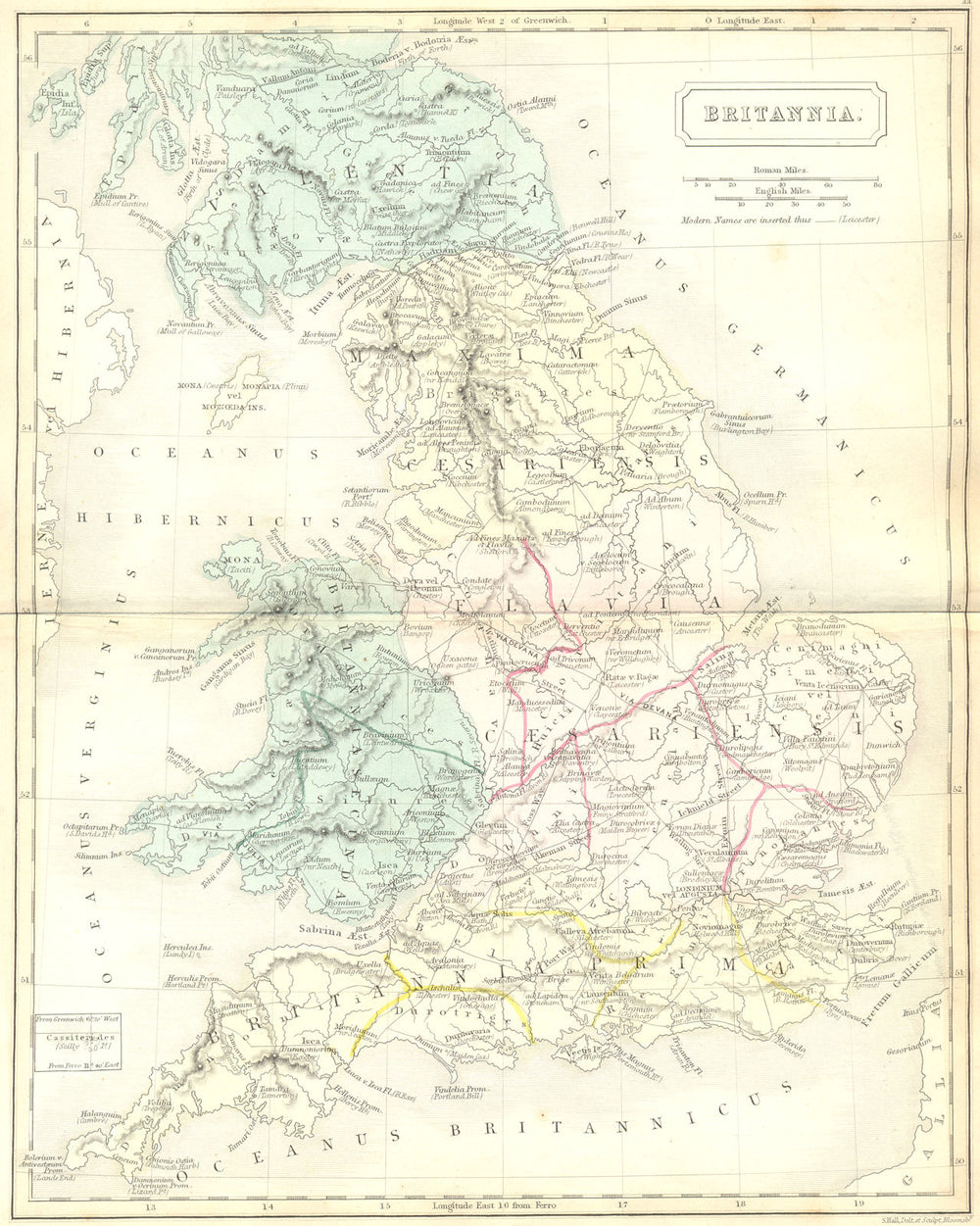 BRITANNIA. Roman Britain; roads town Butler 1861 old antique map plan chart