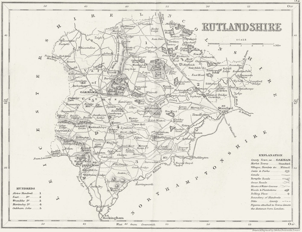 RUTLAND. Rutlandshire. Archer Dugdale c1840 old antique vintage map plan chart