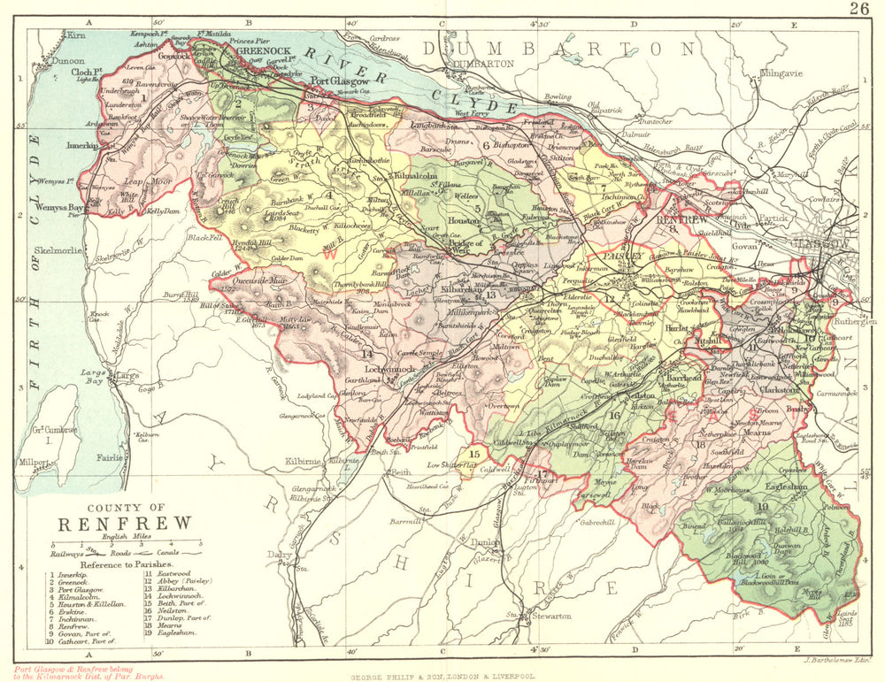 SCOTLAND. Renfrew. Renfrewshire. Philip 1891 old antique map plan chart