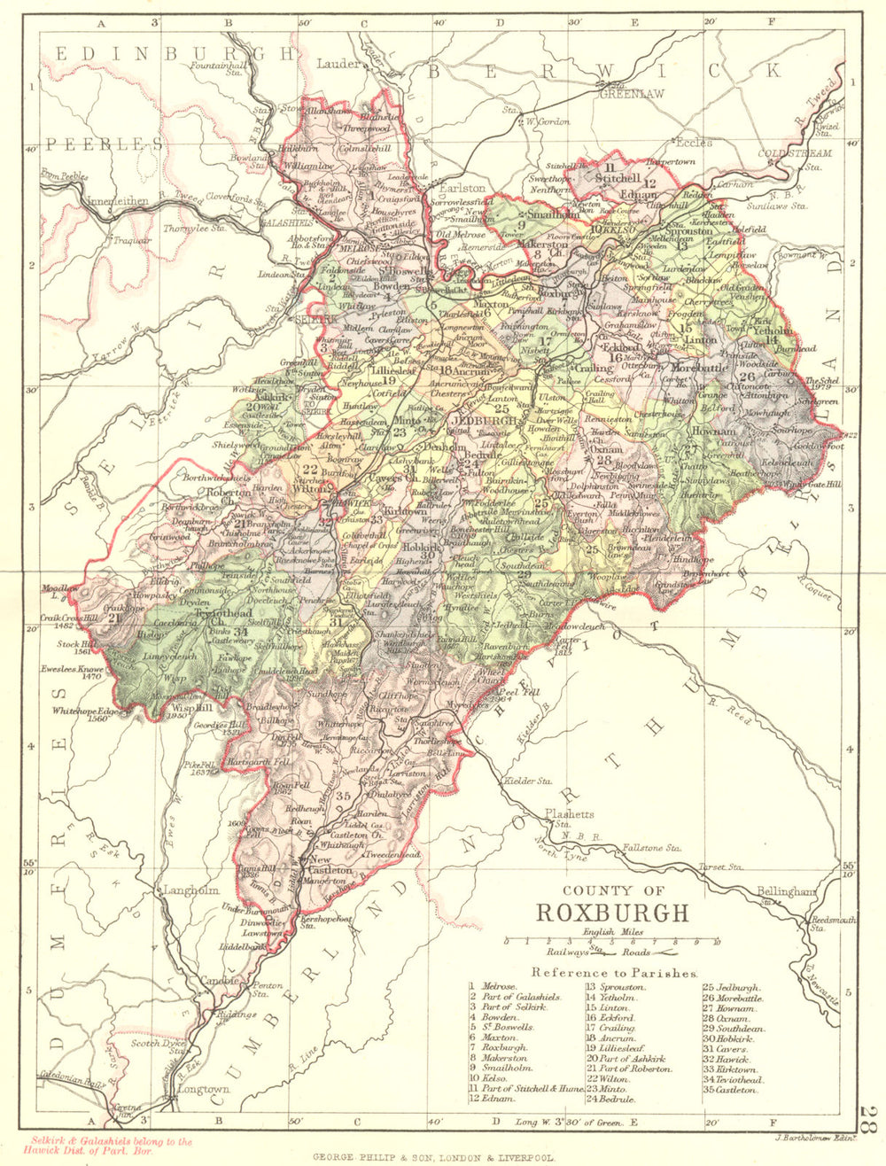 SCOTLAND. Roxburgh. Roxburghshire. Philip 1891 old antique map plan chart