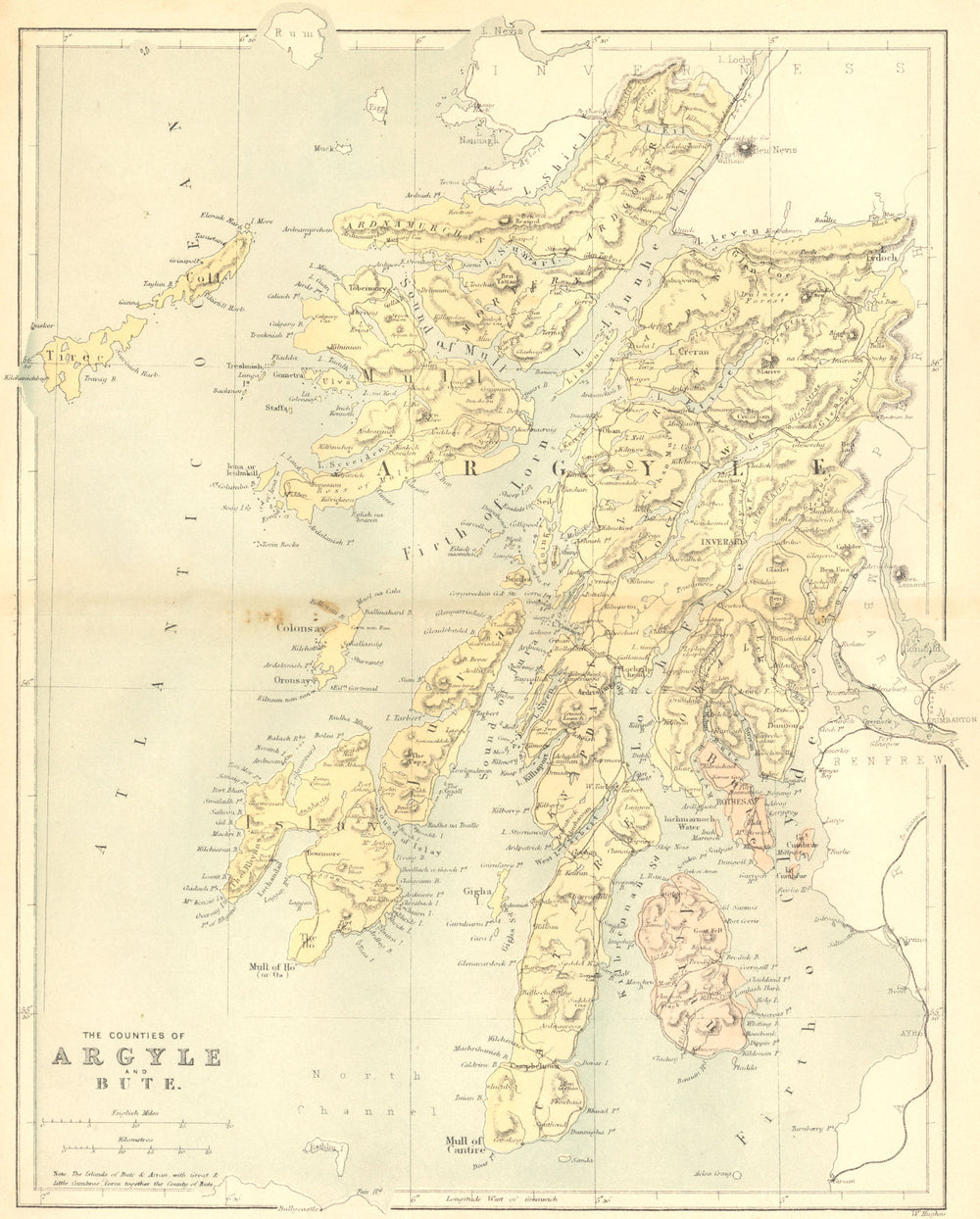SCOTLAND. Argyle & Bute. Virtue 1860 old antique vintage map plan chart