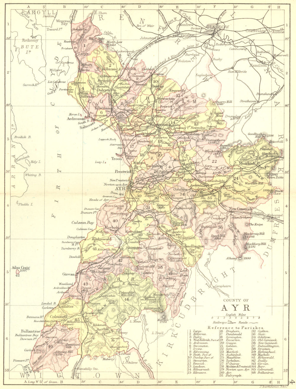 SCOTLAND. Ayr. Ayrshire. Philip 1891 old antique vintage map plan chart