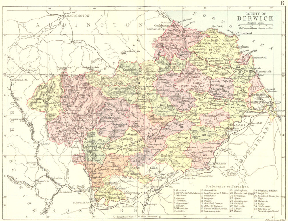 SCOTLAND. Berwick. Berwickshire. Philip 1891 old antique map plan chart