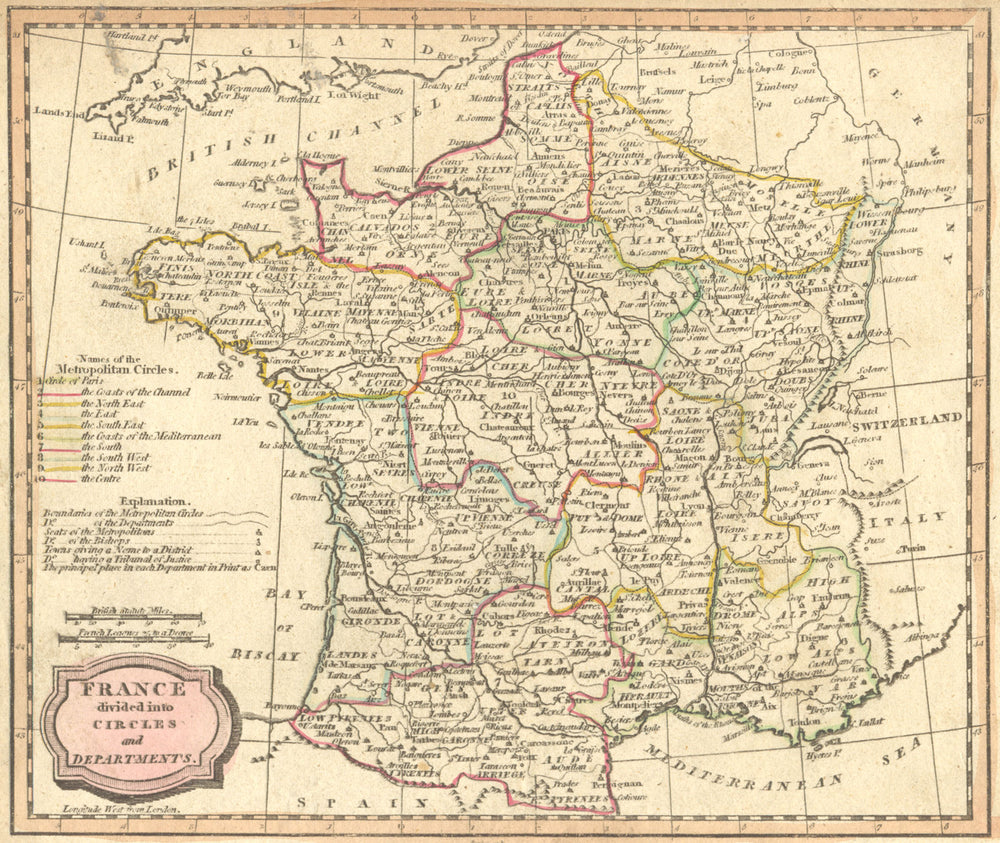 FRANCE. Circles, departments. Brightly Kinnersly 1813 old antique map chart