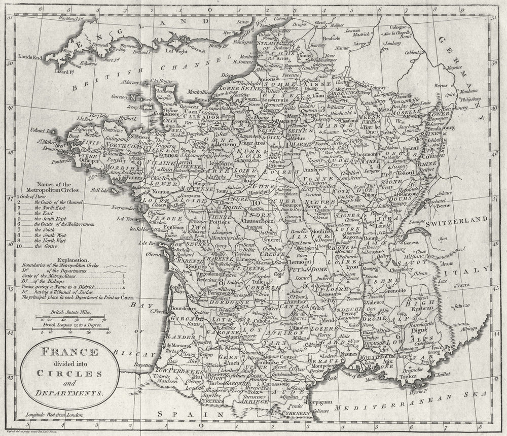 FRANCE. Circles & departments. Guthrie 1794 old antique vintage map plan chart