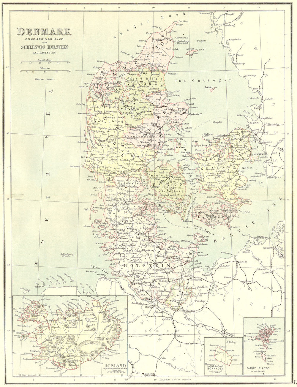 DENMARK. Iceland Faroes Schleswig Lauenburg 1888 old antique map plan chart