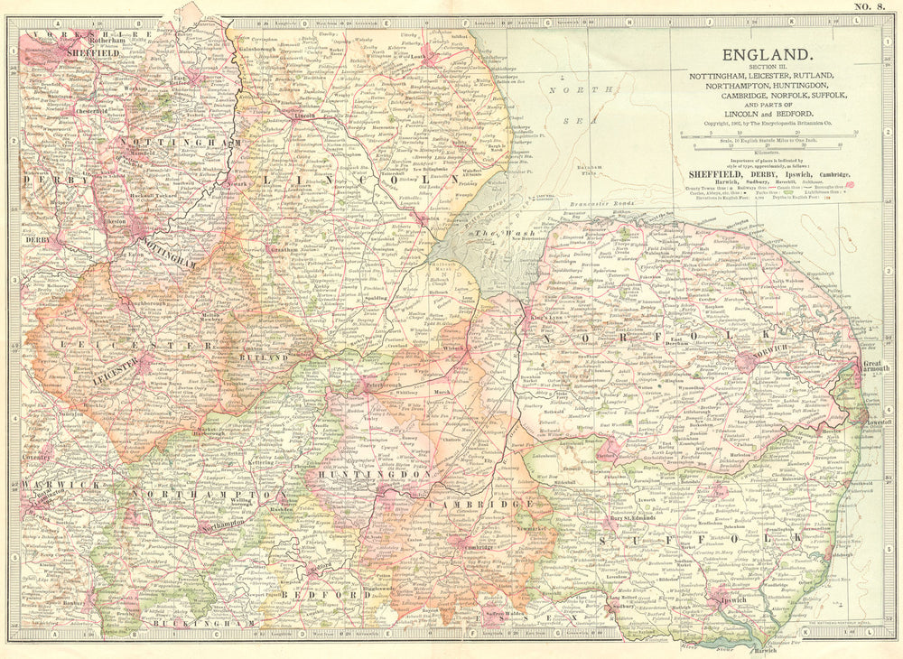 EAST MIDLANDS ANGLIA. Notts Leics Hunts Cambs 1903 old antique map plan chart