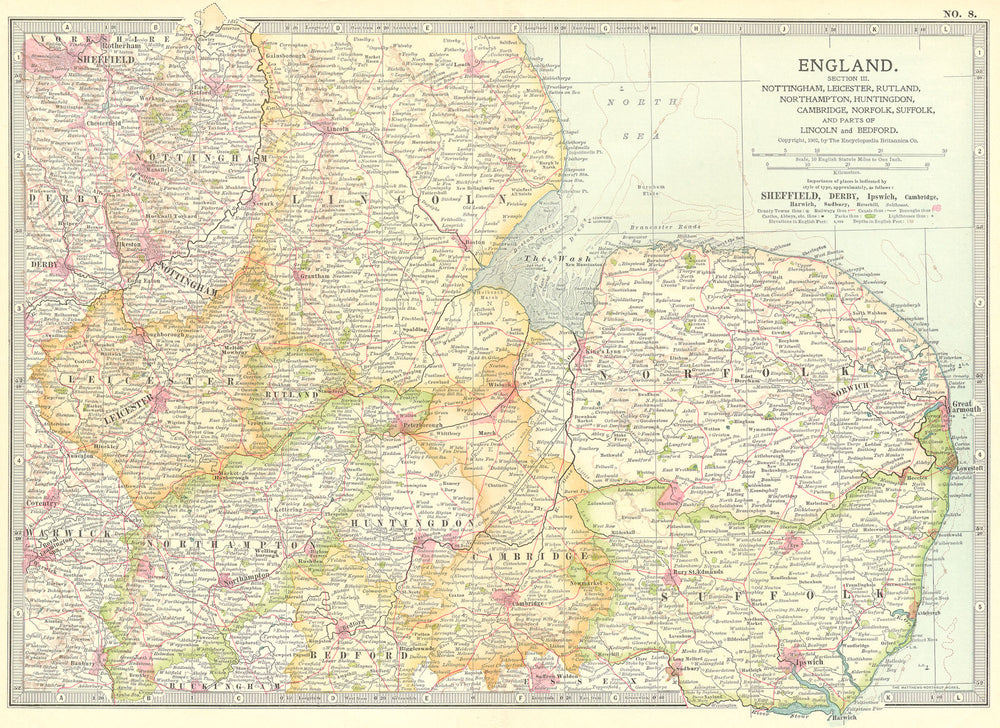EAST MIDLANDS ANGLIA. Notts Leics Hunts Cambs 1903 old antique map plan chart
