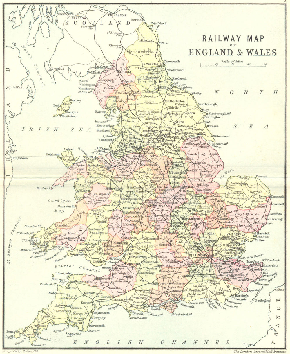UK. Railway England Wales. England Wales. Philip 1890 old antique map chart