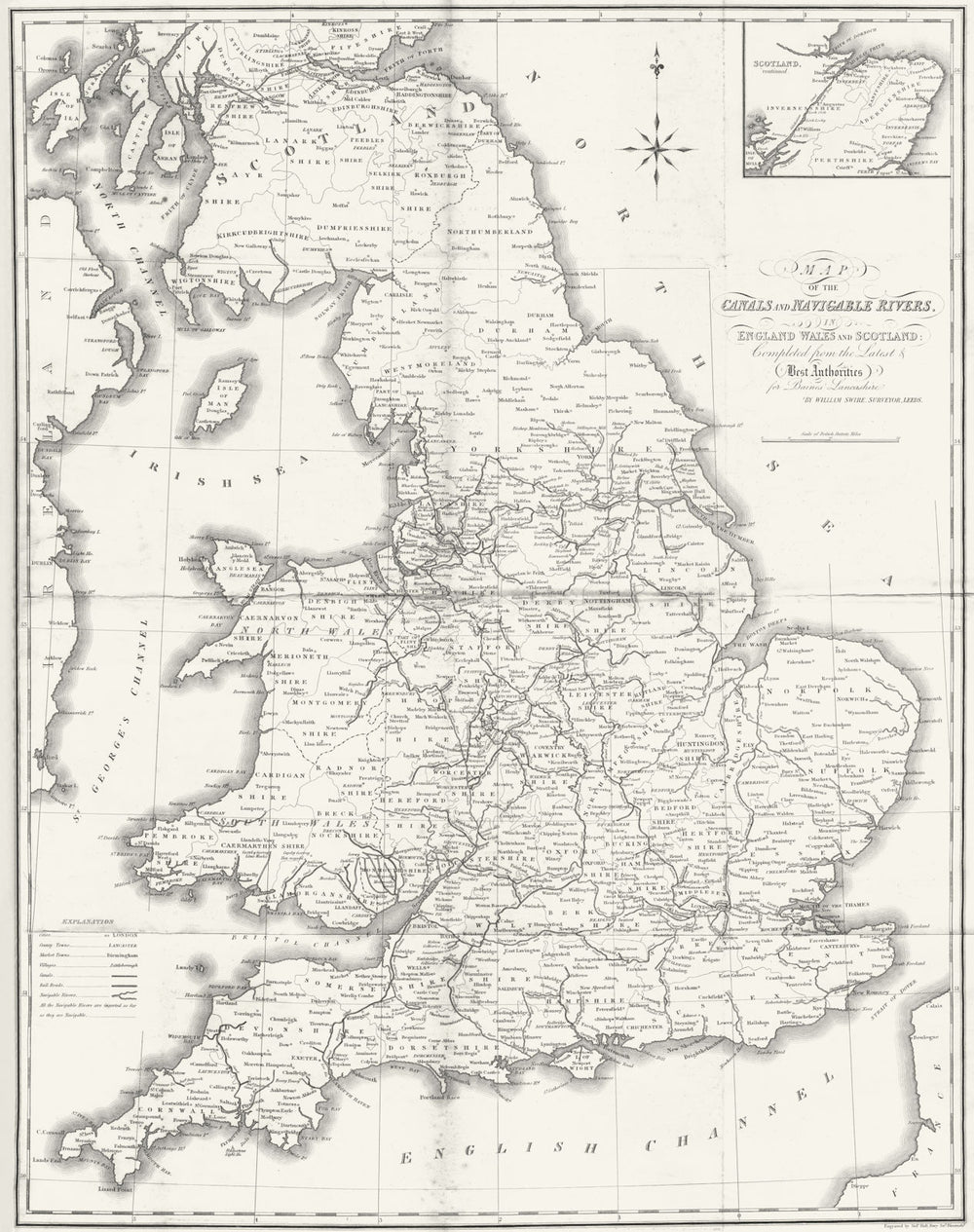 UK. Canals rivers; Baines Wm Wales Hall c1825 old antique map plan chart