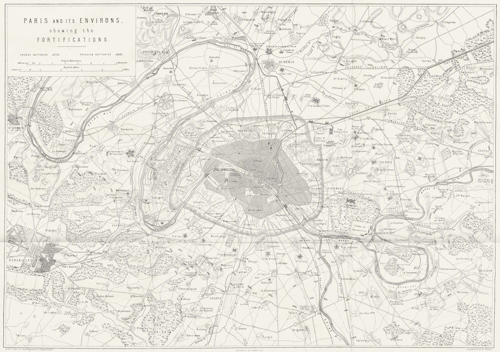 PARIS AREA. Fortifications; Franco-Prussian war 1875 old antique map chart