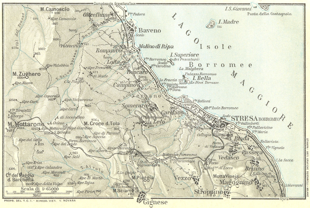 LAKE LAGO MAGGIORE. Stresa Baveno Gignese. Vintage map plan. Italy 1927