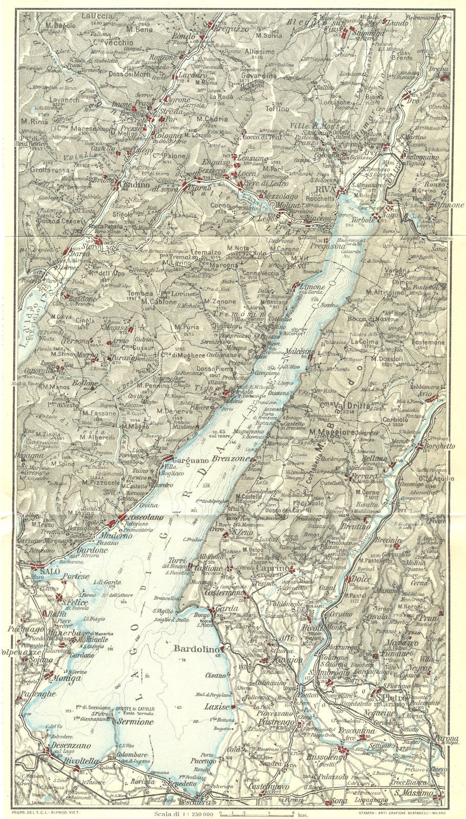LAKE LAGO DI GARDA. Vintage map plan. Salo Riva. Italy 1927 old vintage