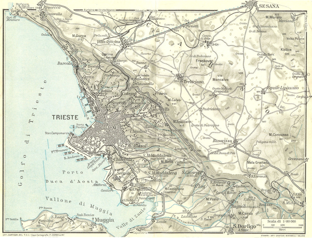 TRIESTE & ENVIRONS. Vintage town city map plan. Italy 1927 old vintage