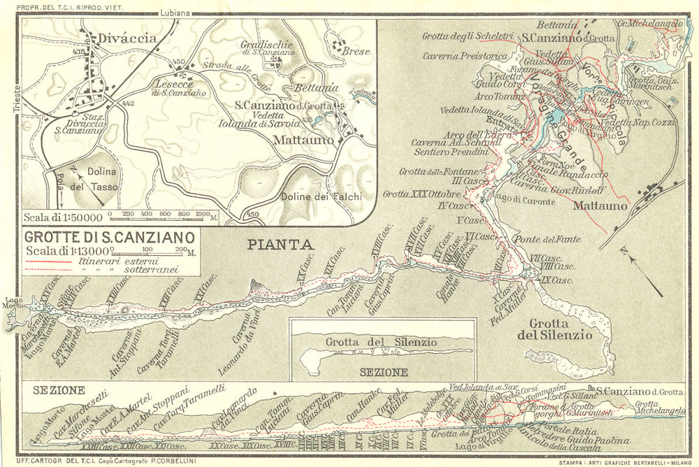 SKOCJAN CAVES. Škocjanske jame. Grotte di San Canziano. Slovenia 1927 old map
