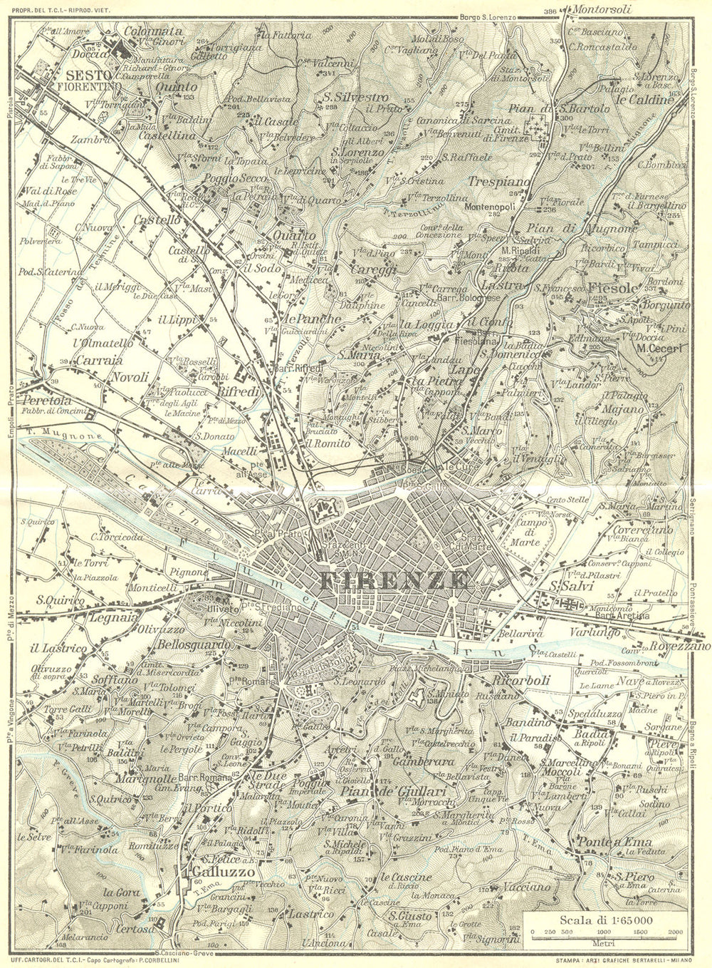 FLORENCE FIRENZE & ENVIRONS. Vintage town city map plan. Italy 1927 old
