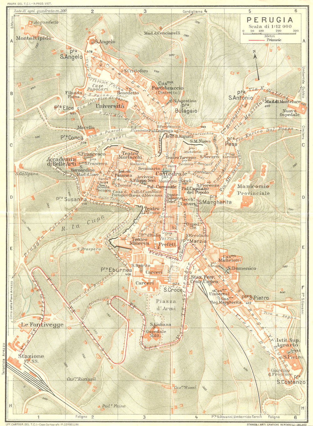 PERUGIA. Vintage town city map plan. Italy 1927 old vintage chart
