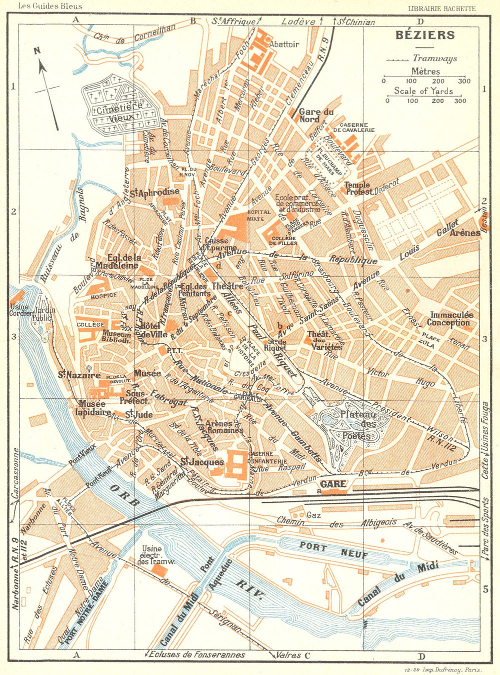 FRANCE. Beziers 1926 old vintage map plan chart