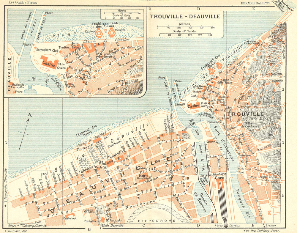 NORMANDY. Normandie. Trouville-Deauville 1928 old vintage map plan chart