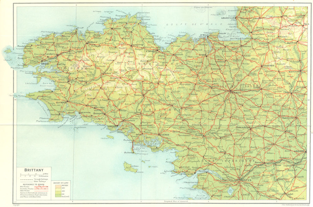 FRANCE. Brittany. Bretagne 1928 old vintage map plan chart