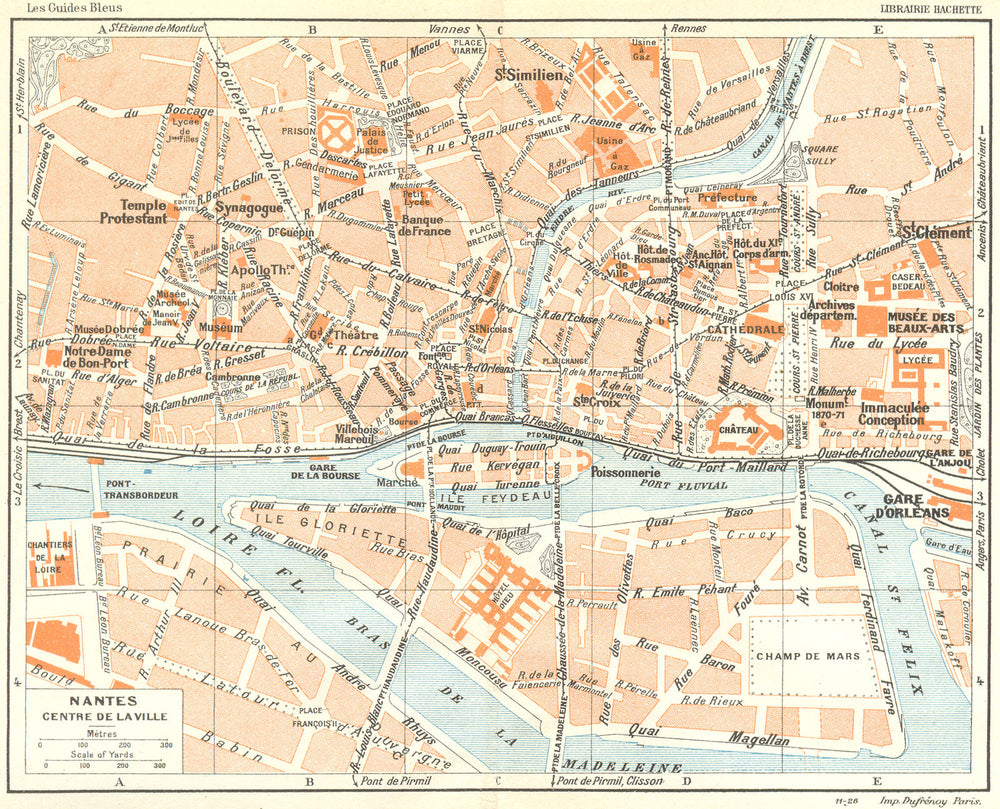 BRITTANY. Bretagne. Nantes Centre De La Ville 1928 old vintage map plan chart