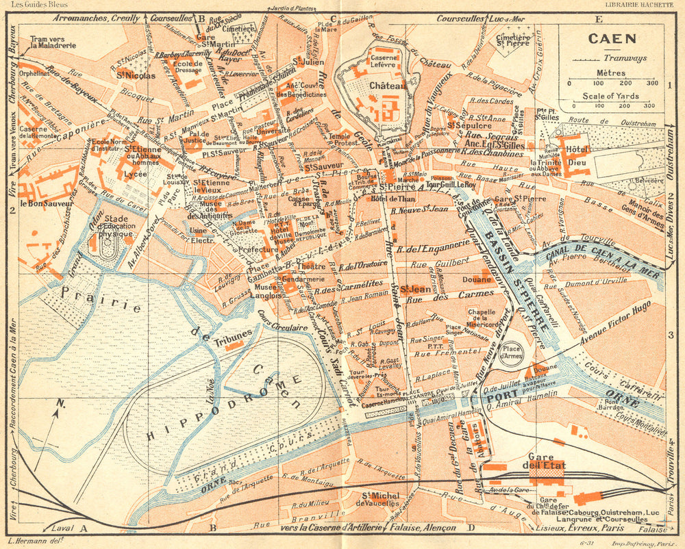 FRANCE. Caen 1932 old vintage map plan chart
