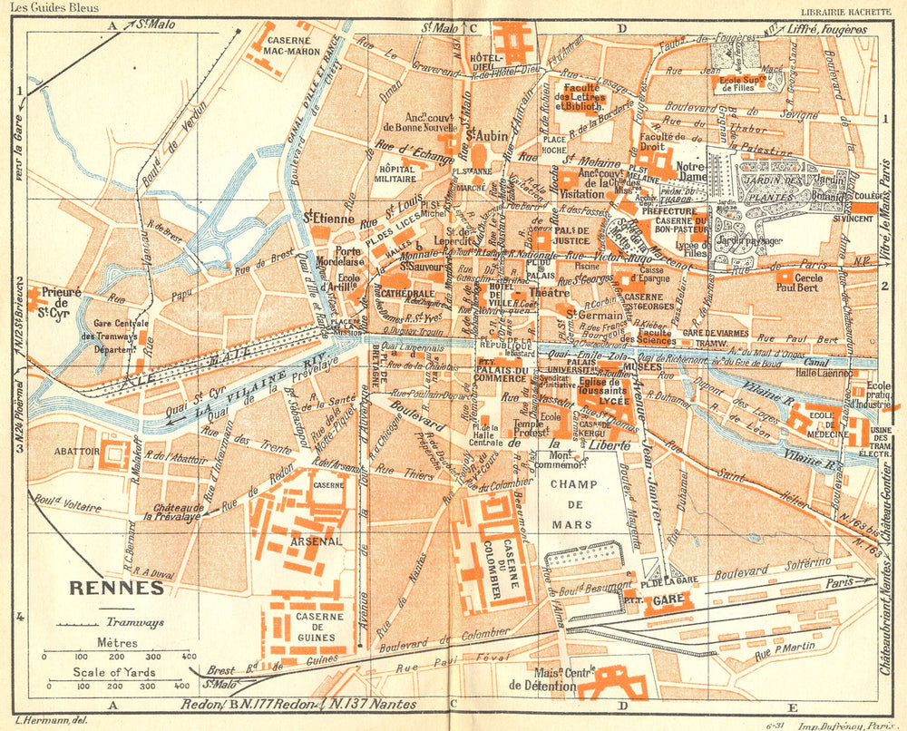 FRANCE. Rennes 1932 old vintage map plan chart