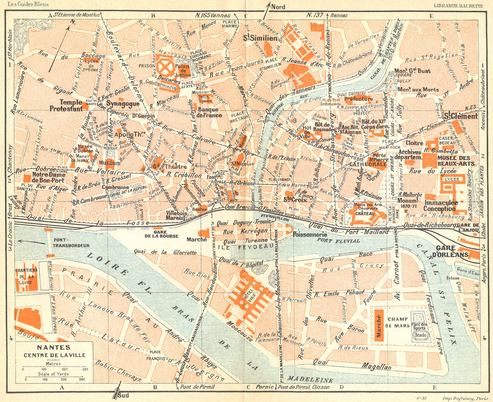 FRANCE. Nantes Centre De La Ville 1932 old vintage map plan chart