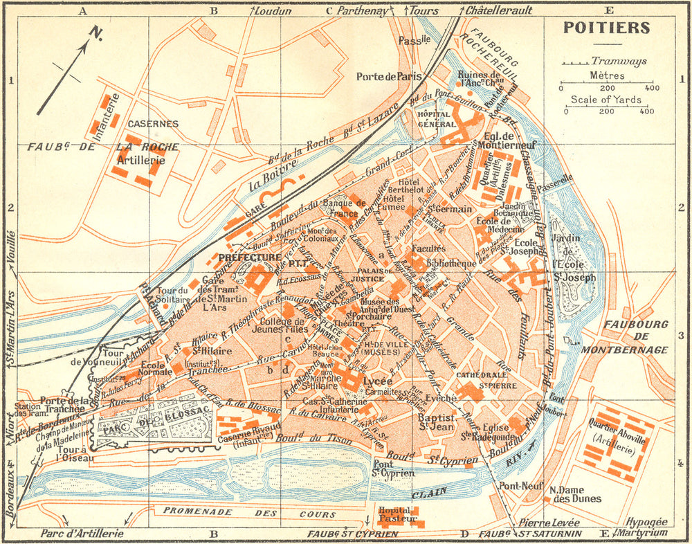 FRANCE. Poitiers 1932 old vintage map plan chart
