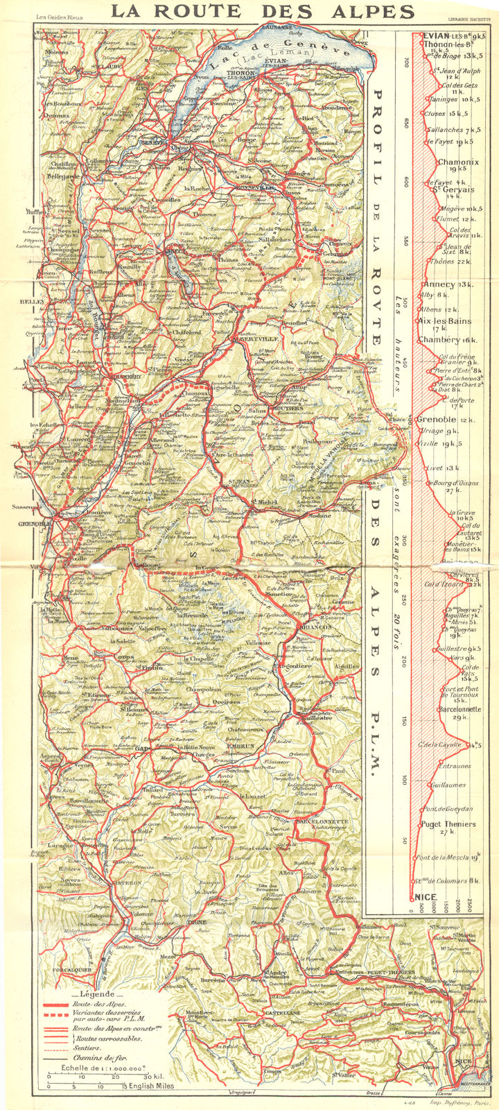 FRENCH ALPS. La Route des Alpes. Alpes Françaises 1926 old vintage map chart