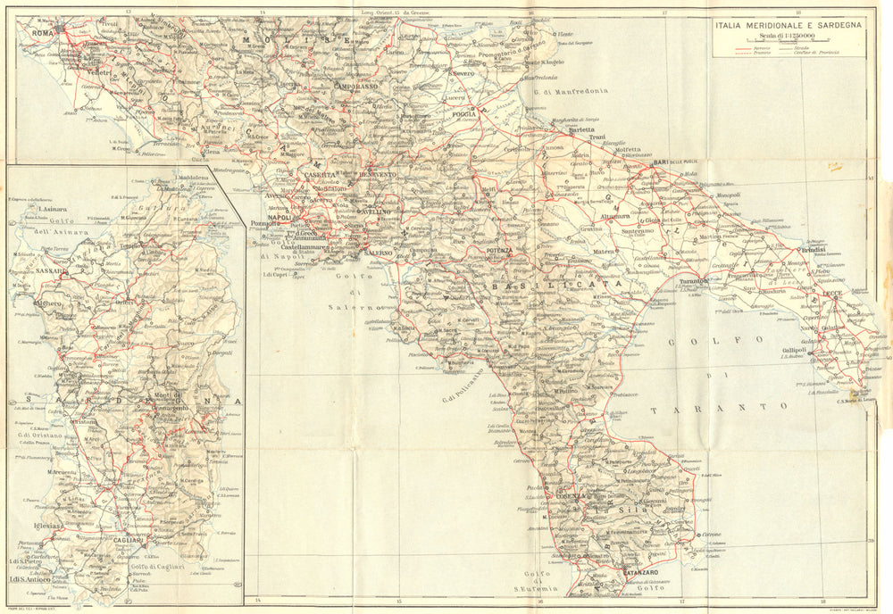 ITALY. Italia Meridionale E Sardegna Sardinia 1925 old vintage map plan chart