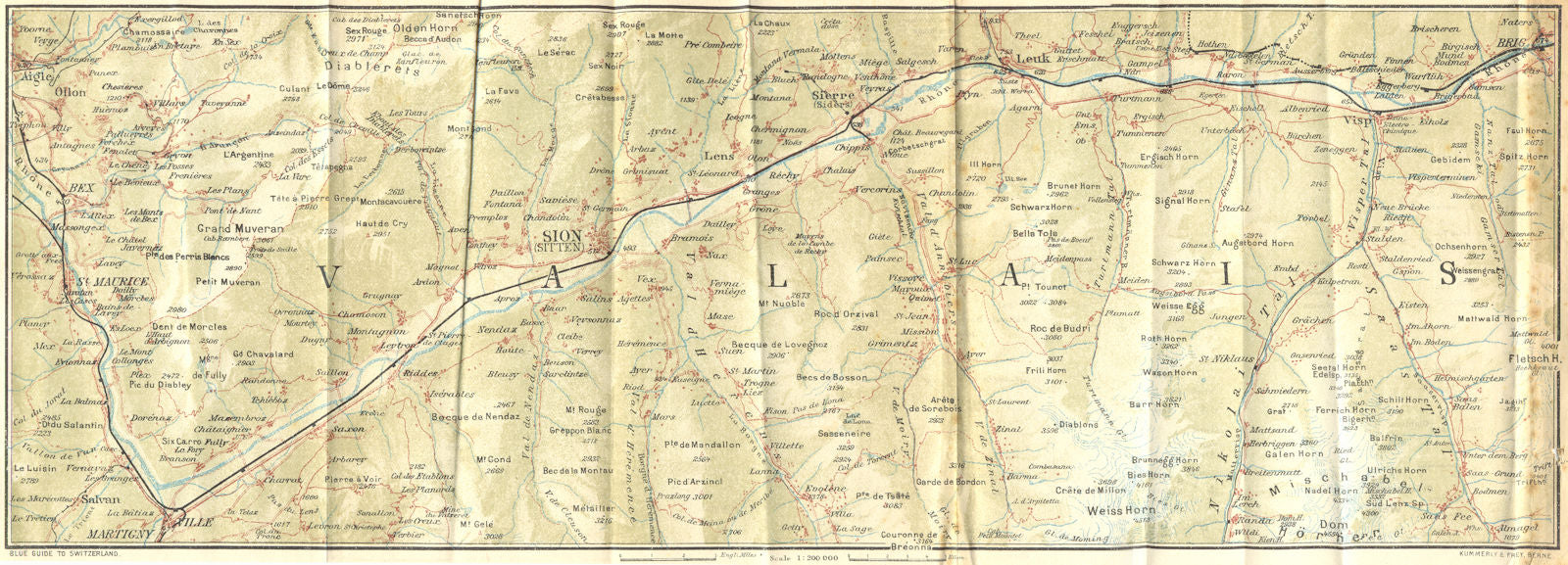 SWITZERLAND. Rhone Valley Valais Sion 1923 old antique vintage map plan