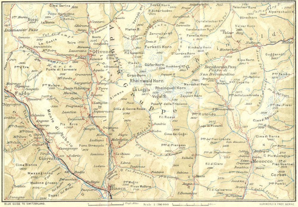 SWITZERLAND. Lukmanier & San Bernardino Passes 1923 old antique map plan chart